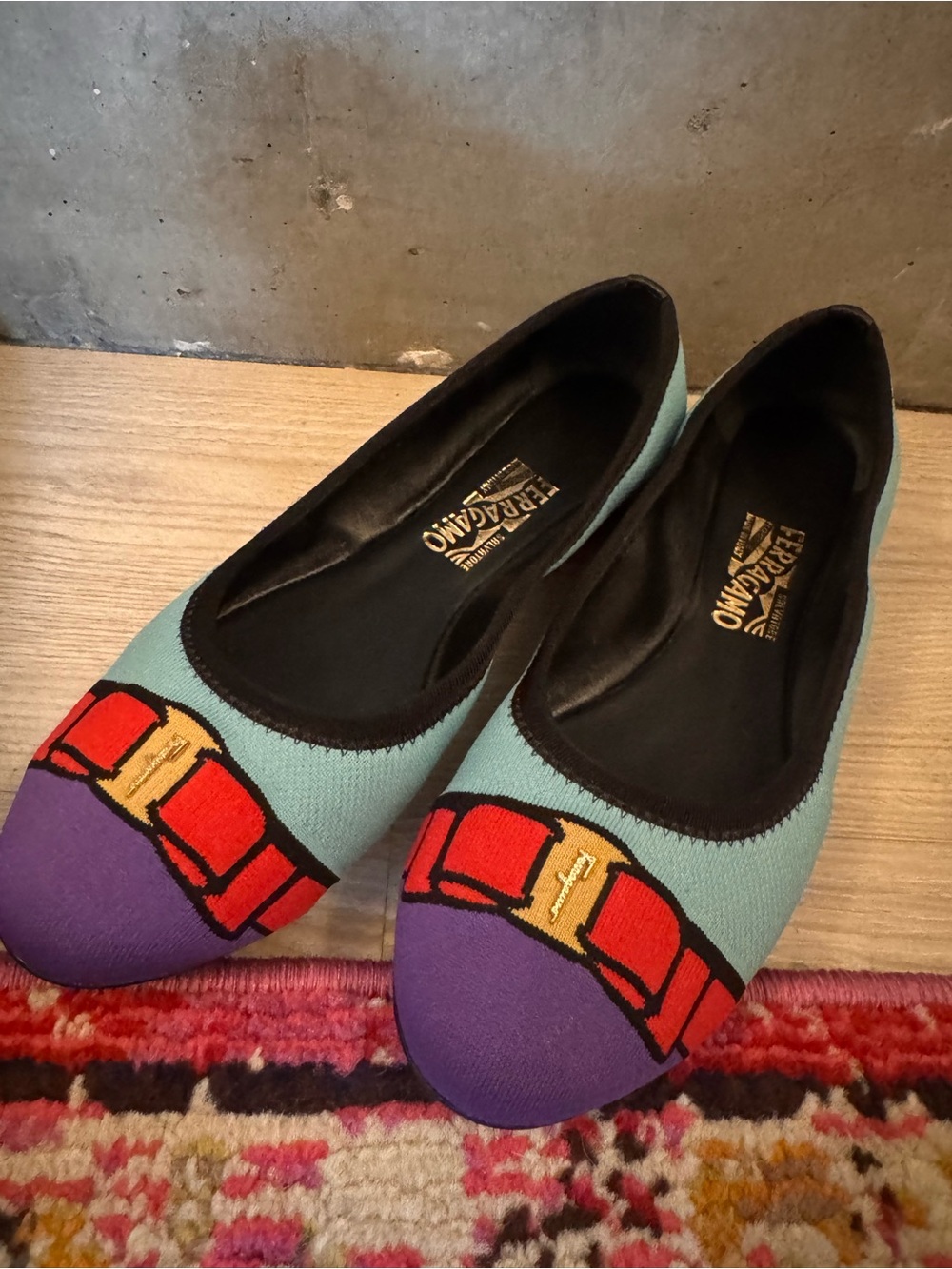 Salvatore Ferragamo Colorblock Bow Ballet Flats in Aqua and Purple Size 8 NWOT